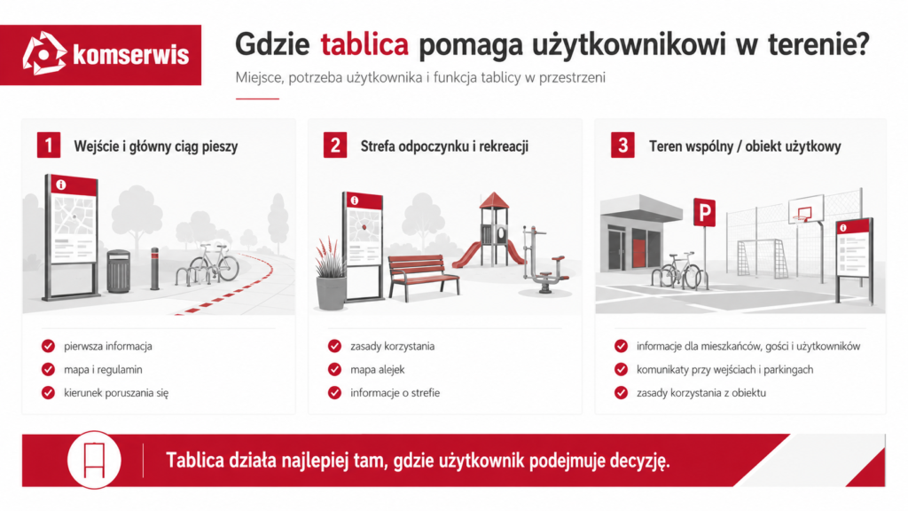 Infografika pokazująca, gdzie tablice informacyjne zewnętrzne najlepiej wspierają użytkowników jako element małej architektury miejskiej.